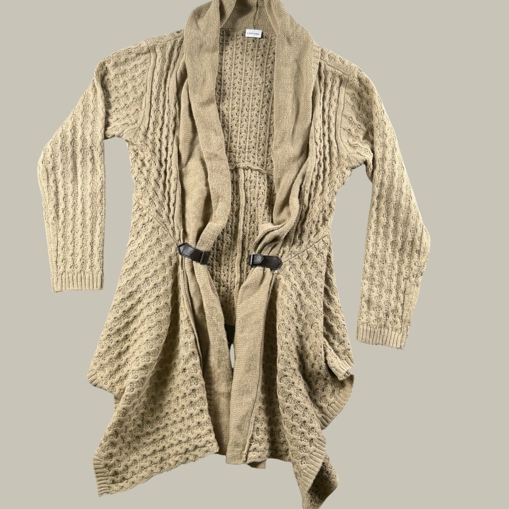 Lascana Cardigan Women M Tan Open Front Shawl Collar Cable Knit Buckle Sweater
